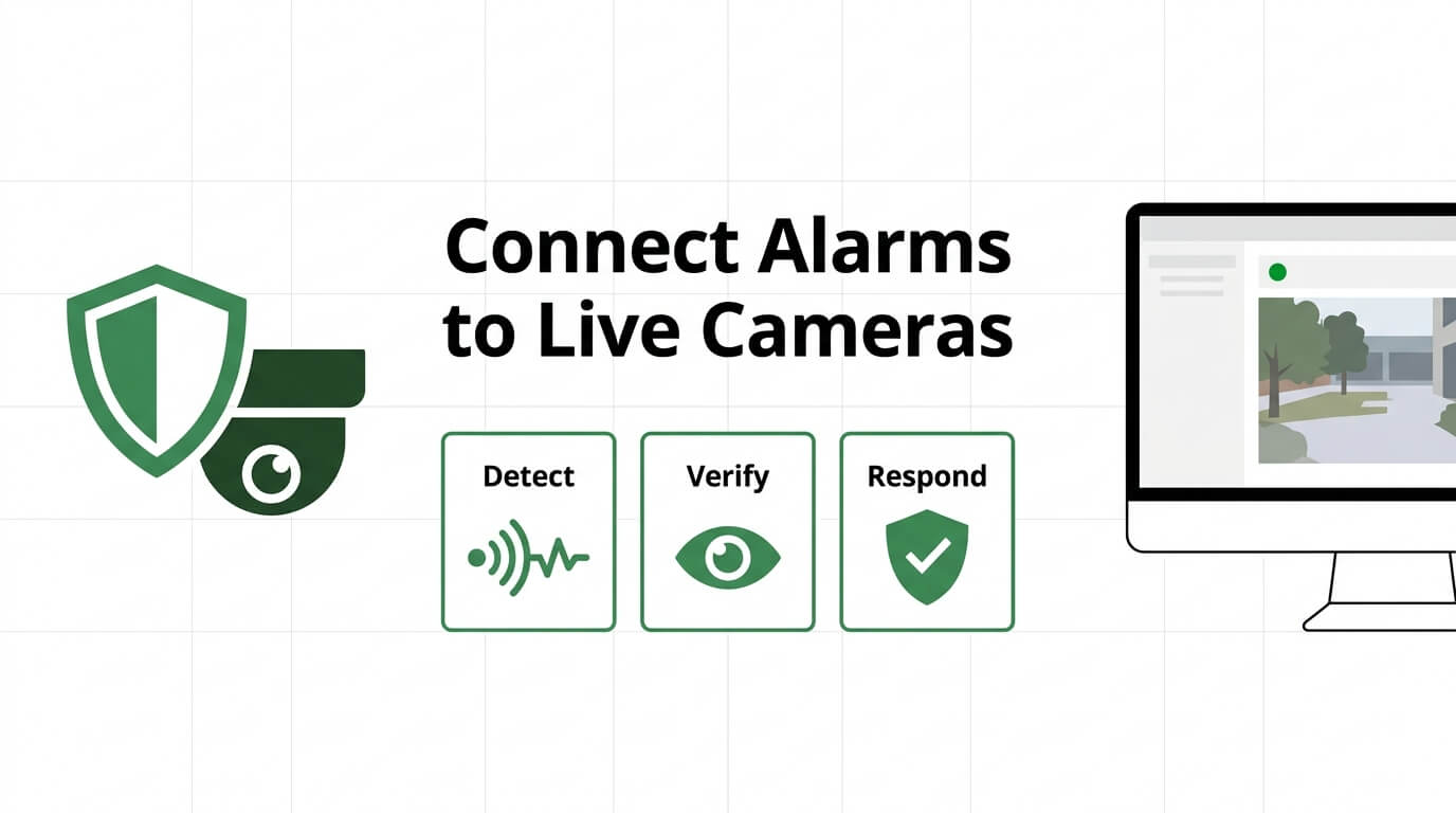 Hero graphic for connecting alarm systems to live security cameras, featuring a Detect, Verify, and Respond workflow and a desktop monitor displaying a live video surveillance feed.