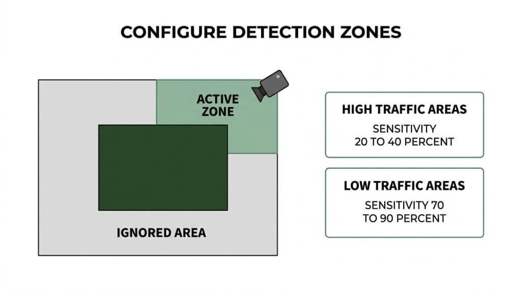 Infographic guide on how to configure camera detection zones, illustrating a visual layout for an active zone versus an ignored area alongside motion sensitivity recommendations for high and low traffic areas.