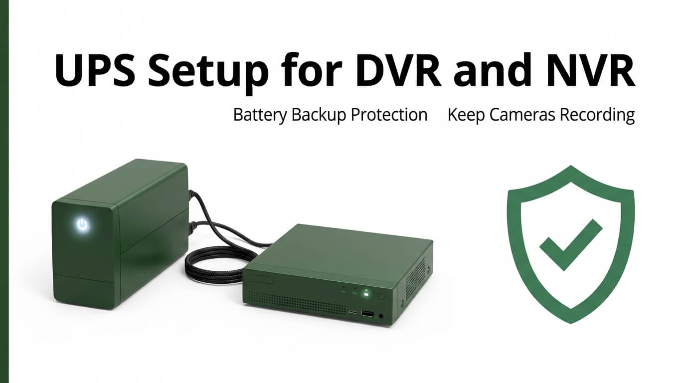 A green UPS battery backup unit connected to a DVR or NVR security camera recorder with a protective shield icon, illustrating a surveillance backup power setup.